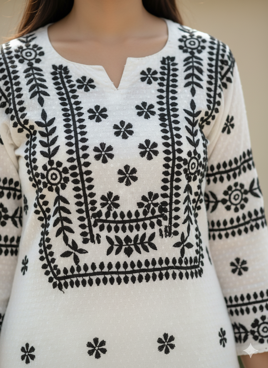 "White Cotton Chikankari Kurti with Black Hand Embroidery | Lucknowi Ethnic Wear for Women"