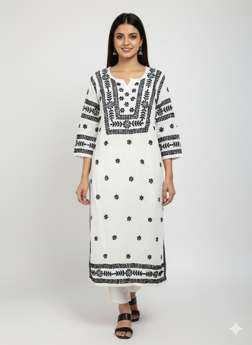 "White Cotton Chikankari Kurti with Black Hand Embroidery | Lucknowi Ethnic Wear for Women"