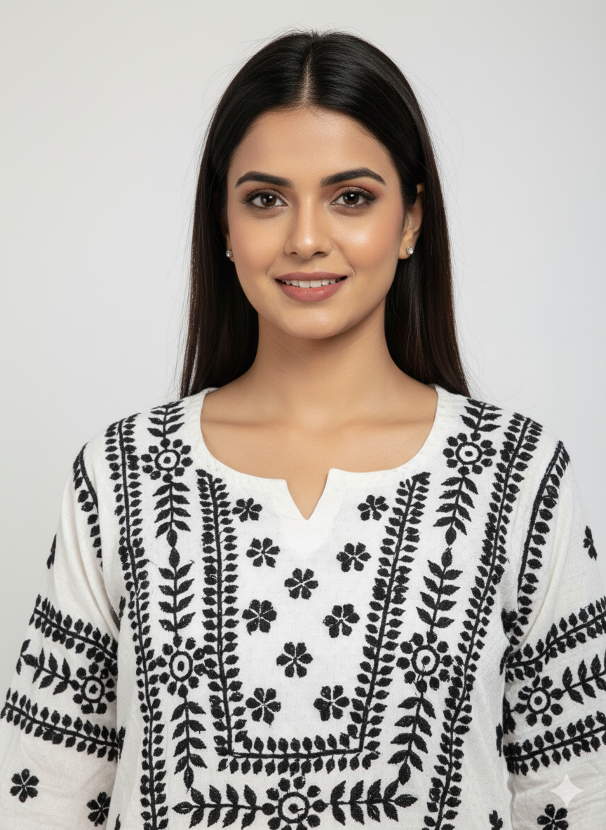 "White Cotton Chikankari Kurti with Black Hand Embroidery | Lucknowi Ethnic Wear for Women"