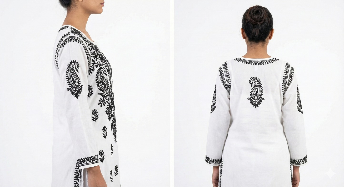 White & Black Modal Chikankari Kurti for Women | Hand Embroidered Lucknowi Chikan – Lucknow Best Chikankari