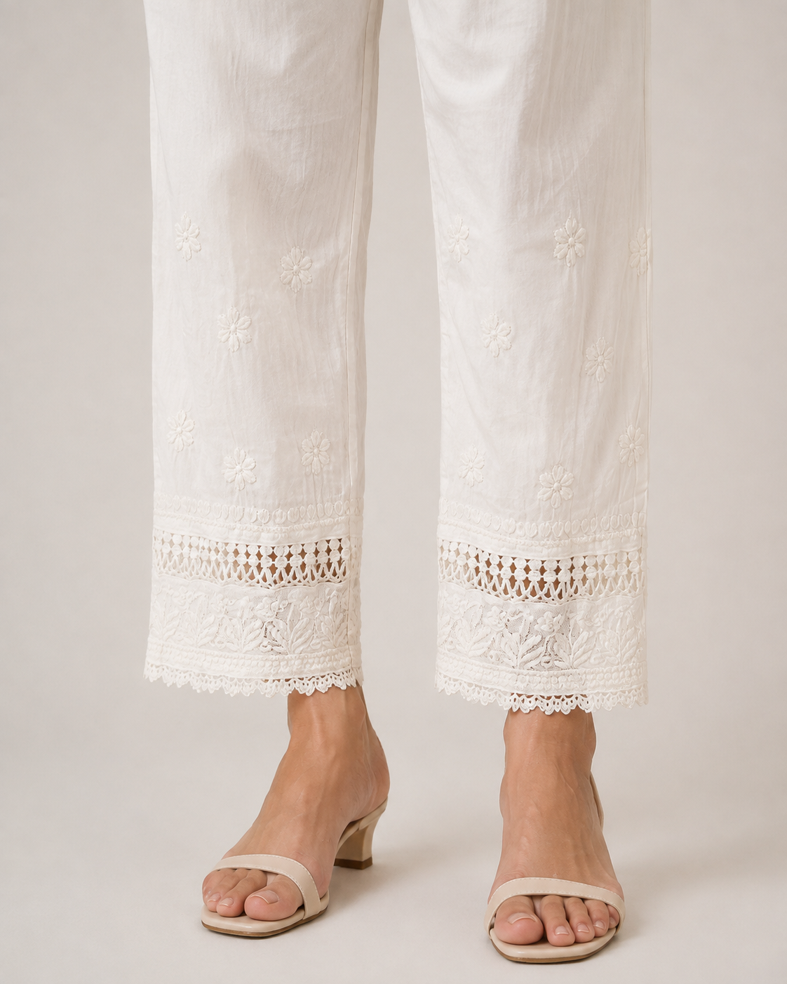 White Lucknowi Chikankari Pant for Women with Cutwork Lace Hem