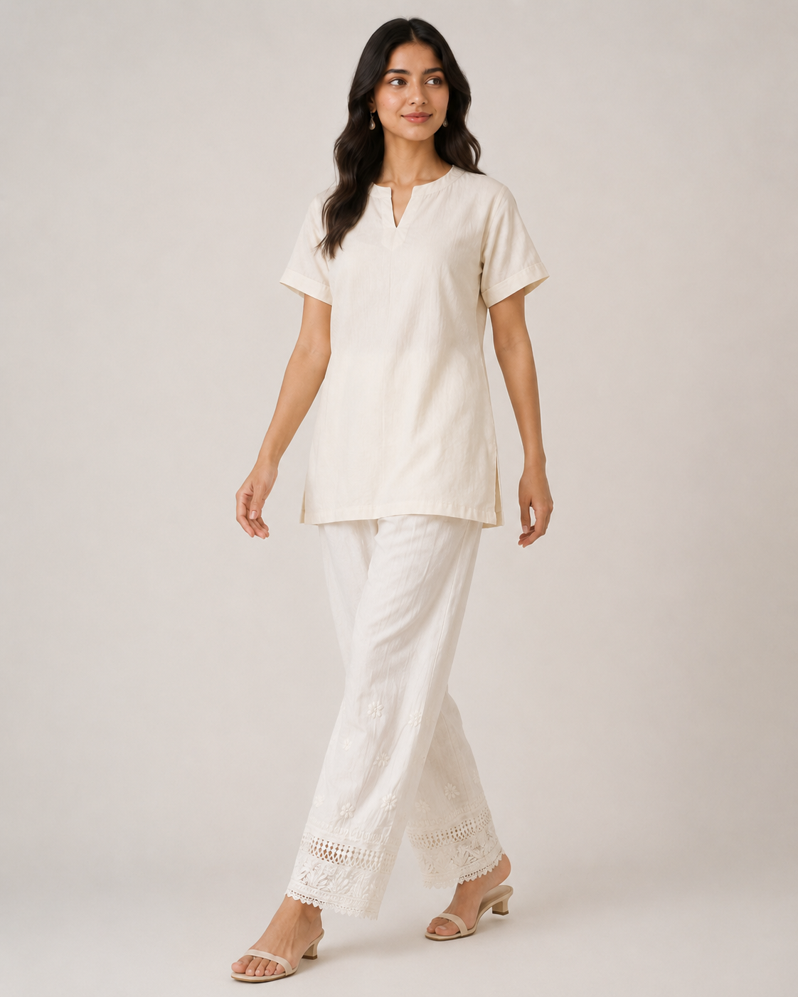 White Lucknowi Chikankari Pant for Women with Cutwork Lace Hem