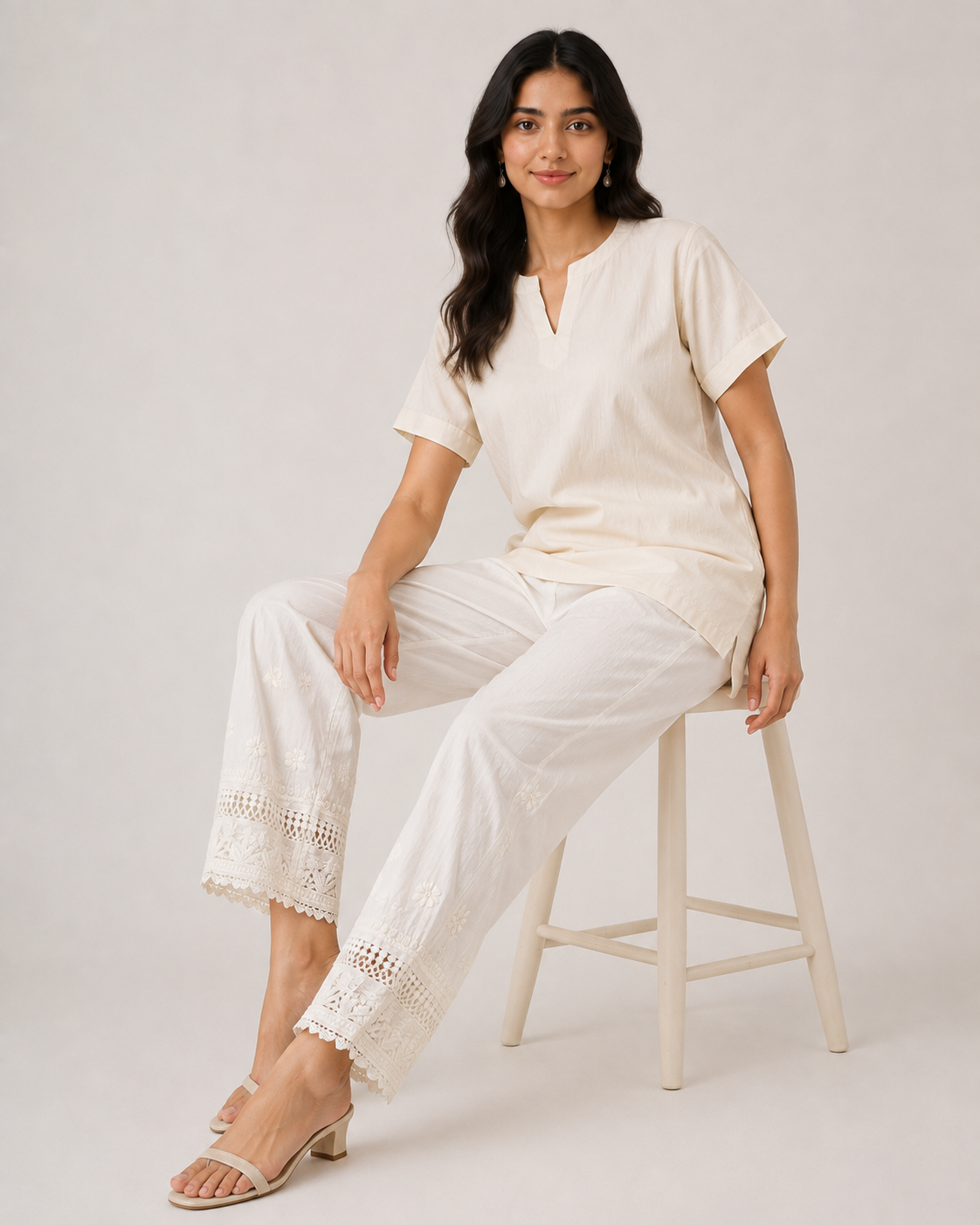 White Lucknowi Chikankari Pant for Women with Cutwork Lace Hem