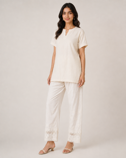 White Lucknowi Chikankari Pant for Women with Cutwork Lace Hem