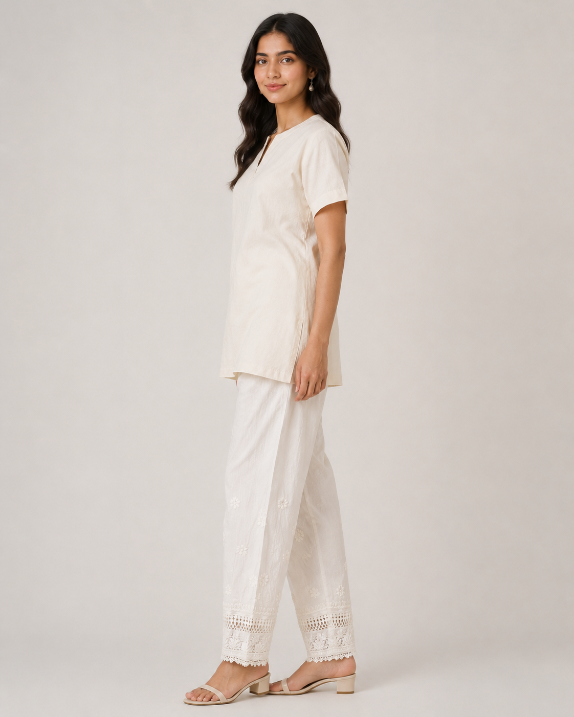 White Lucknowi Chikankari Pant for Women with Cutwork Lace Hem