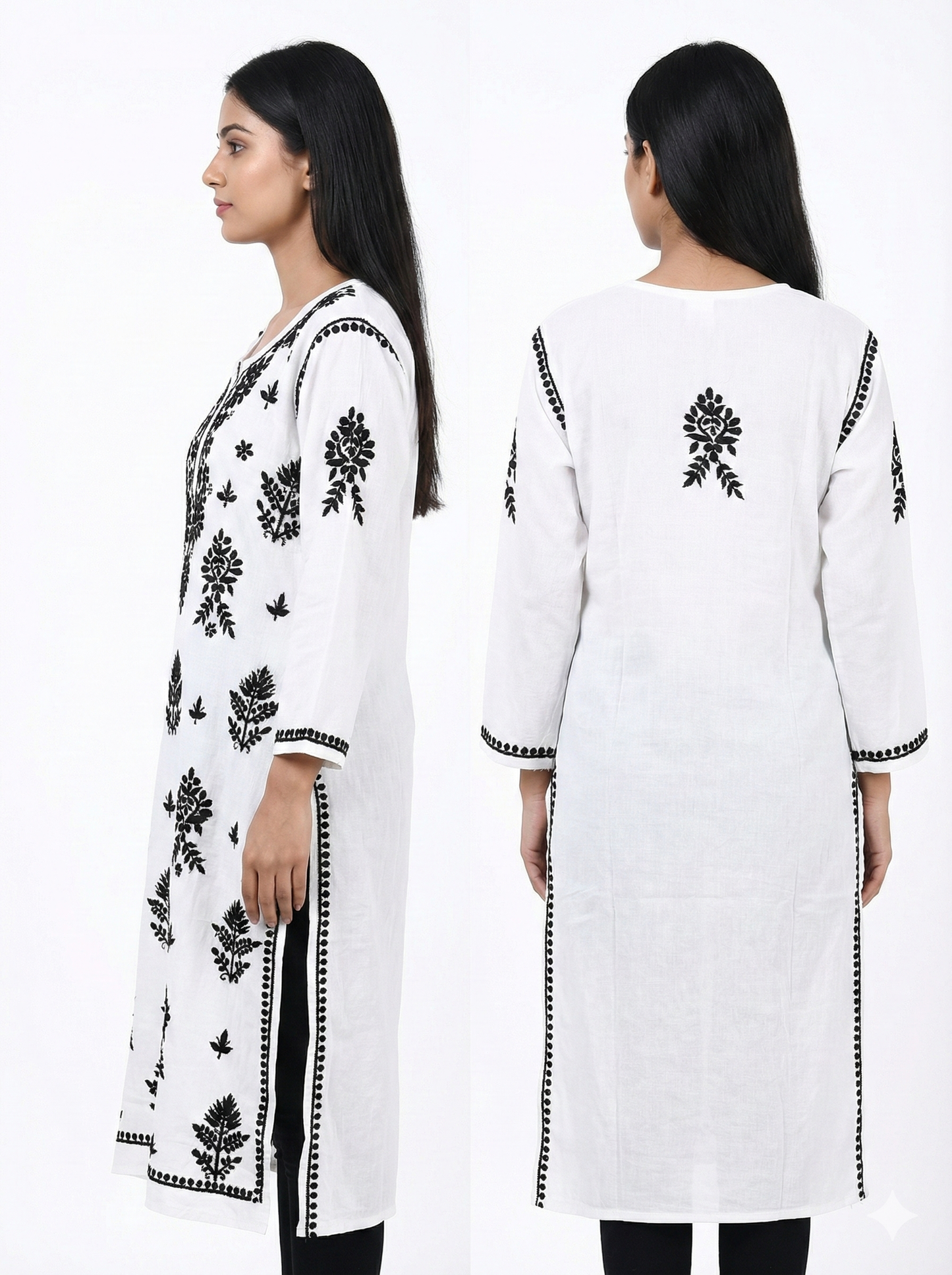 White & Black Rayon Chikankari Kurti for Women | Authentic Lucknowi Hand Embroidery – Lucknow Best Chikankari