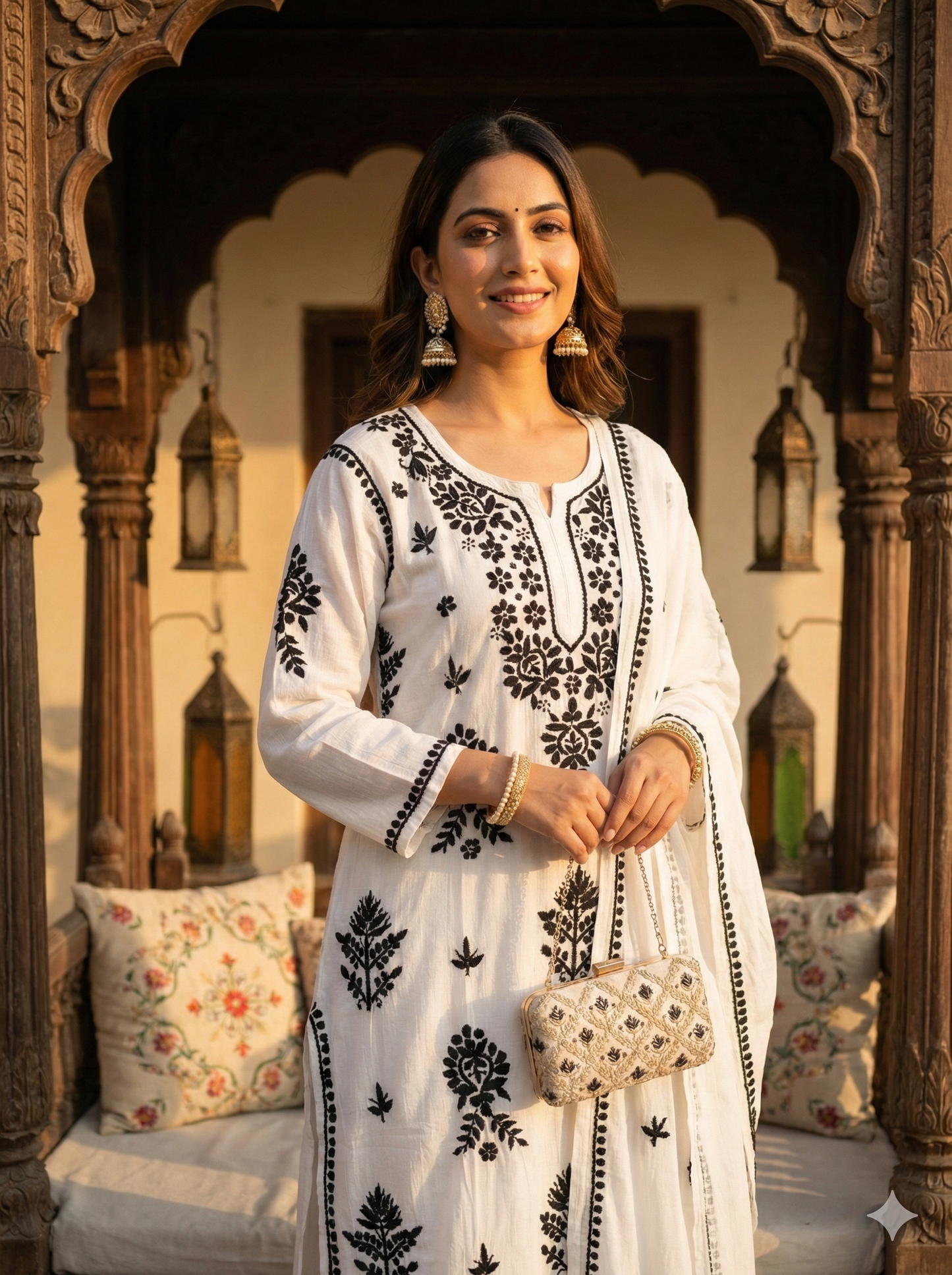 White & Black Rayon Chikankari Kurti for Women | Authentic Lucknowi Hand Embroidery – Lucknow Best Chikankari