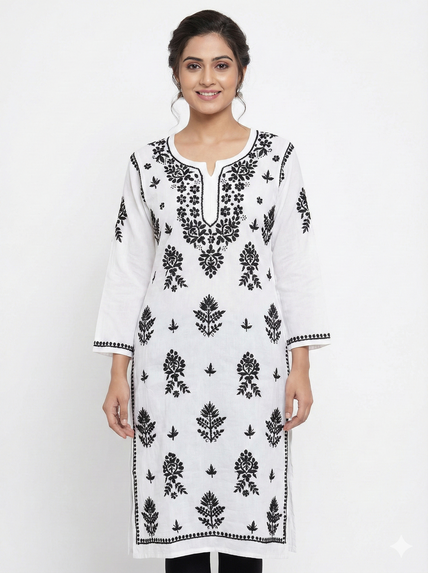 White & Black Rayon Chikankari Kurti for Women | Authentic Lucknowi Hand Embroidery – Lucknow Best Chikankari