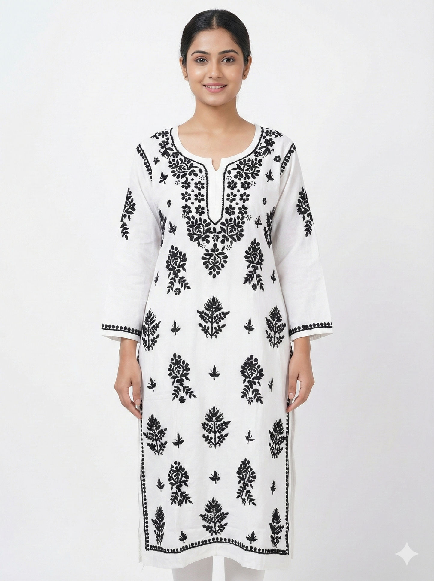 White & Black Rayon Chikankari Kurti for Women | Authentic Lucknowi Hand Embroidery – Lucknow Best Chikankari