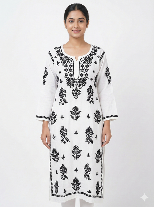White & Black Rayon Chikankari Kurti for Women | Authentic Lucknowi Hand Embroidery – Lucknow Best Chikankari