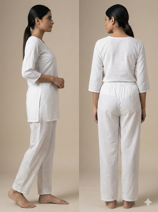 White Chikankari palazzo embroidery close up