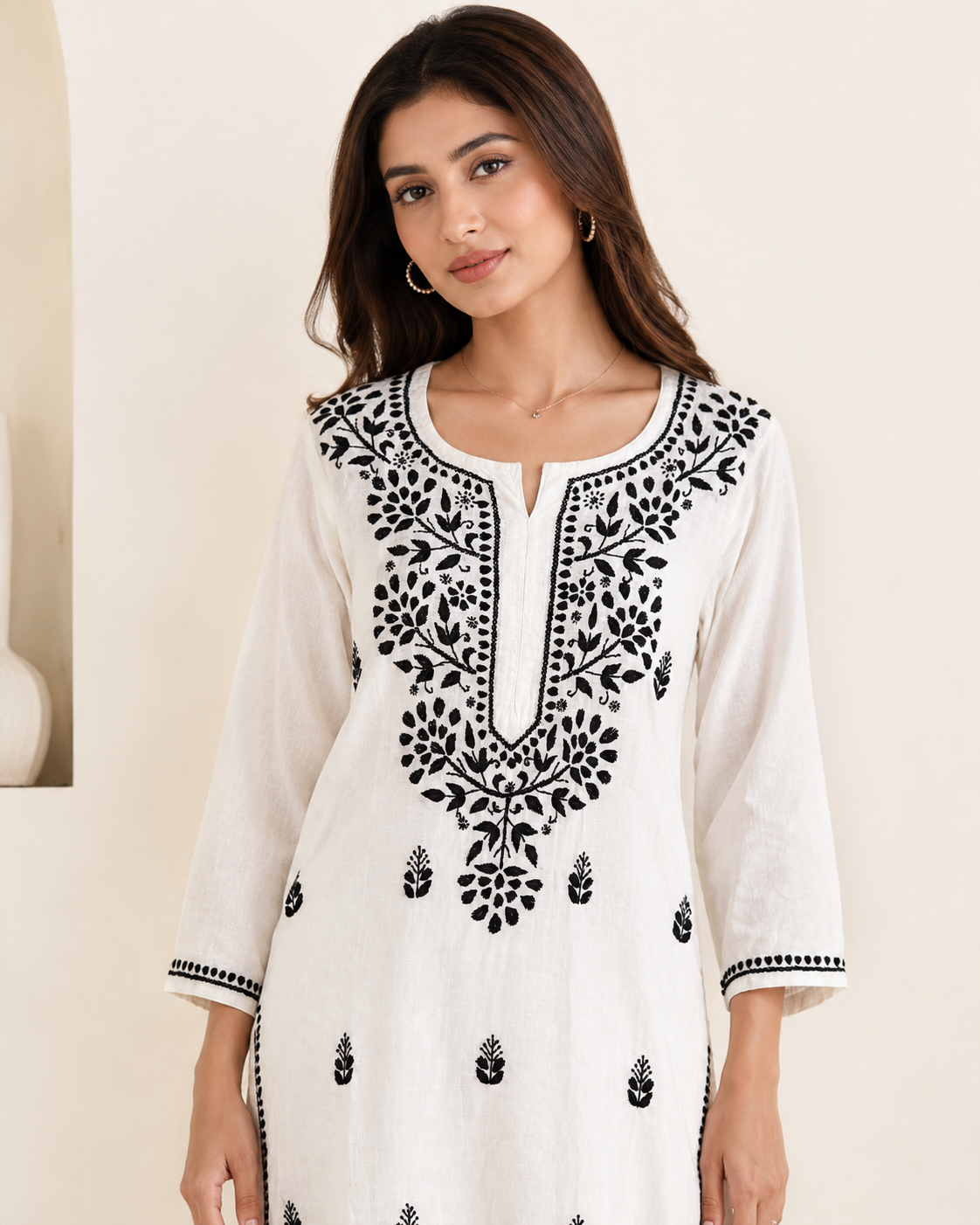 White Pure Cotton Chikankari Kurta with Black Threadwork