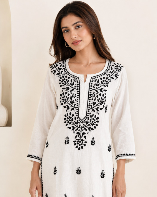 White Pure Cotton Chikankari Kurta with Black Threadwork