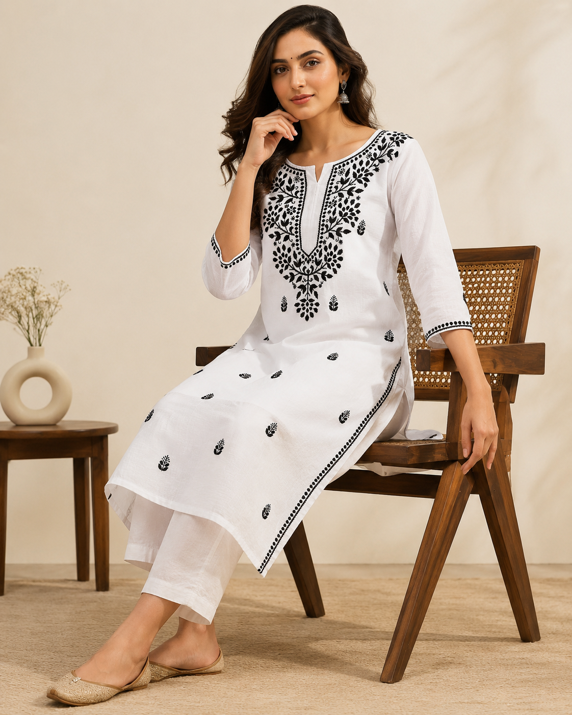 White Pure Cotton Chikankari Kurta with Black Threadwork