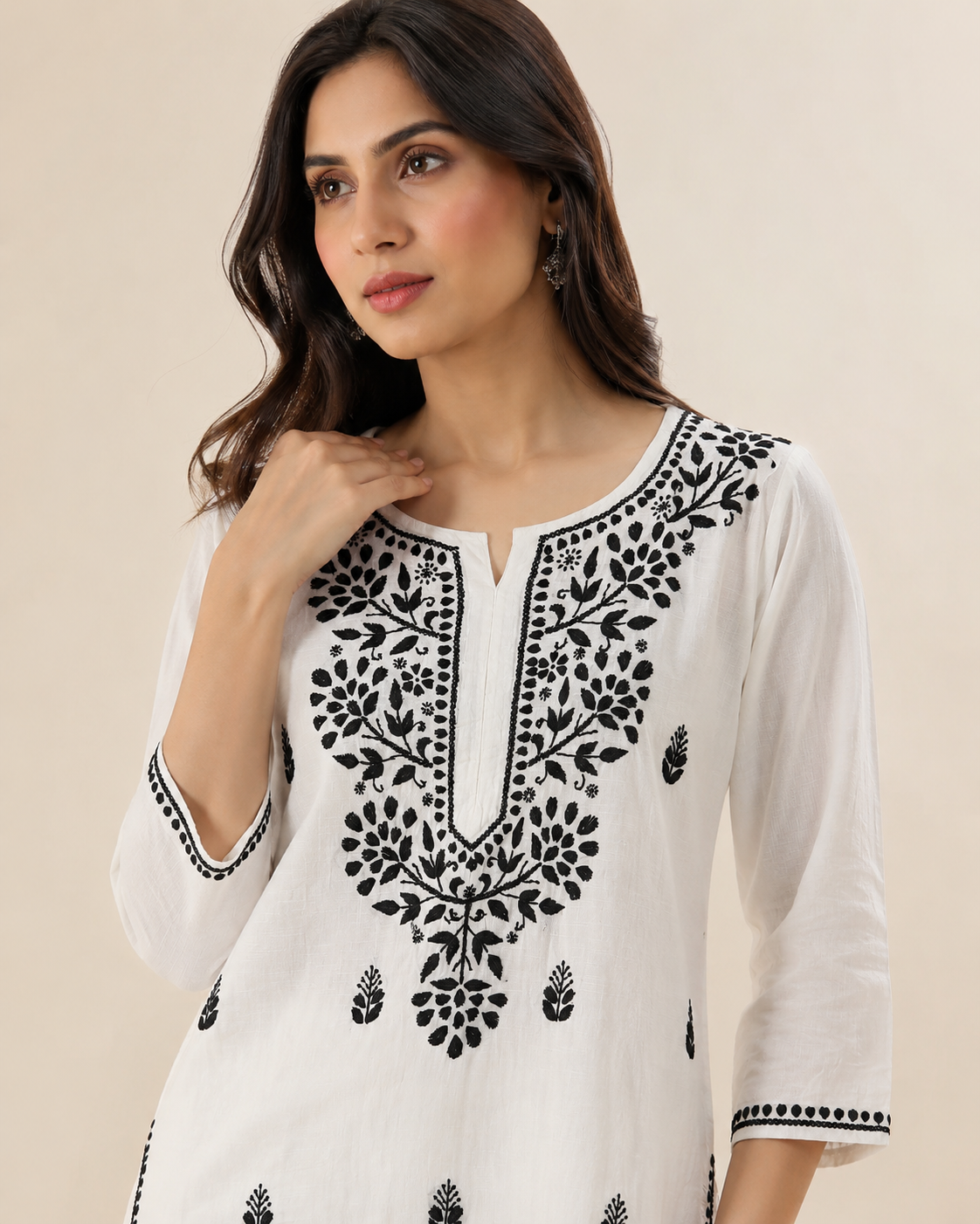 White Pure Cotton Chikankari Kurta with Black Threadwork