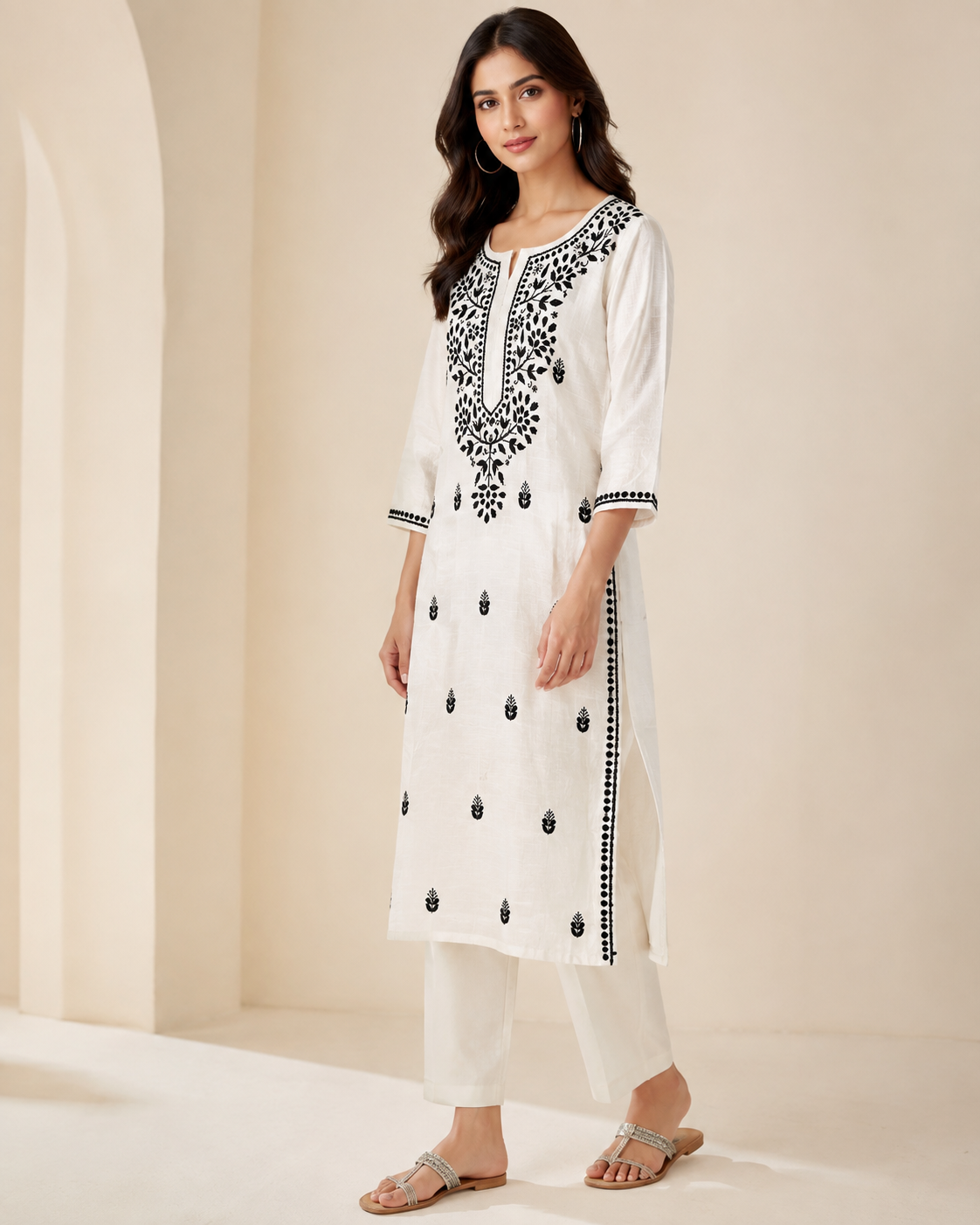 White Pure Cotton Chikankari Kurta with Black Threadwork