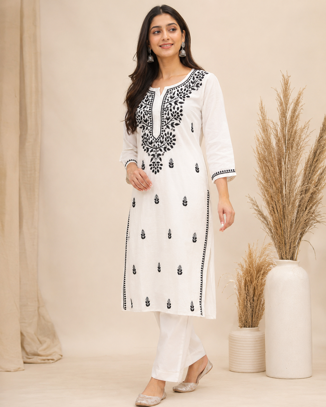 White Pure Cotton Chikankari Kurta with Black Threadwork
