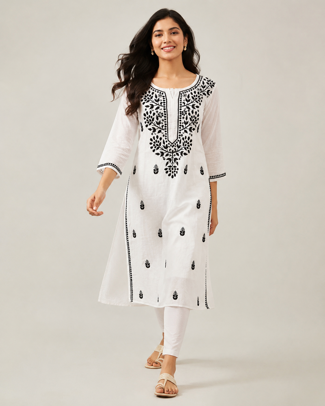 White Pure Cotton Chikankari Kurta with Black Threadwork