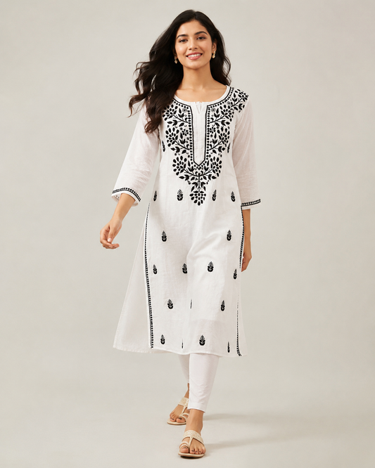 White Pure Cotton Chikankari Kurta with Black Threadwork