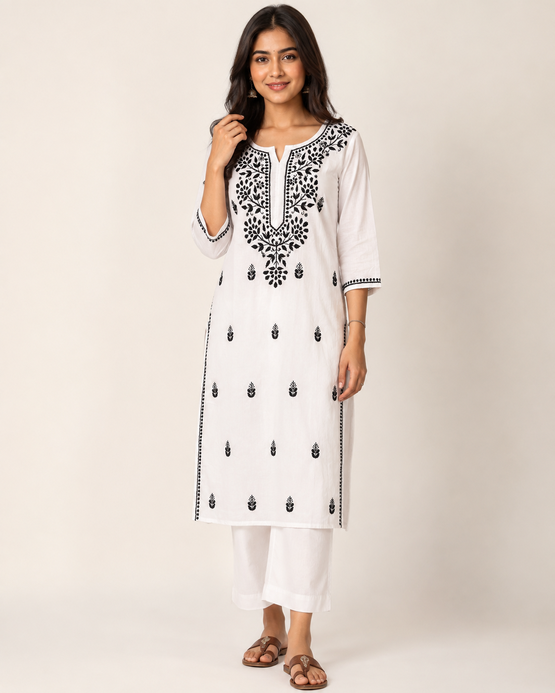 White Pure Cotton Chikankari Kurta with Black Threadwork
