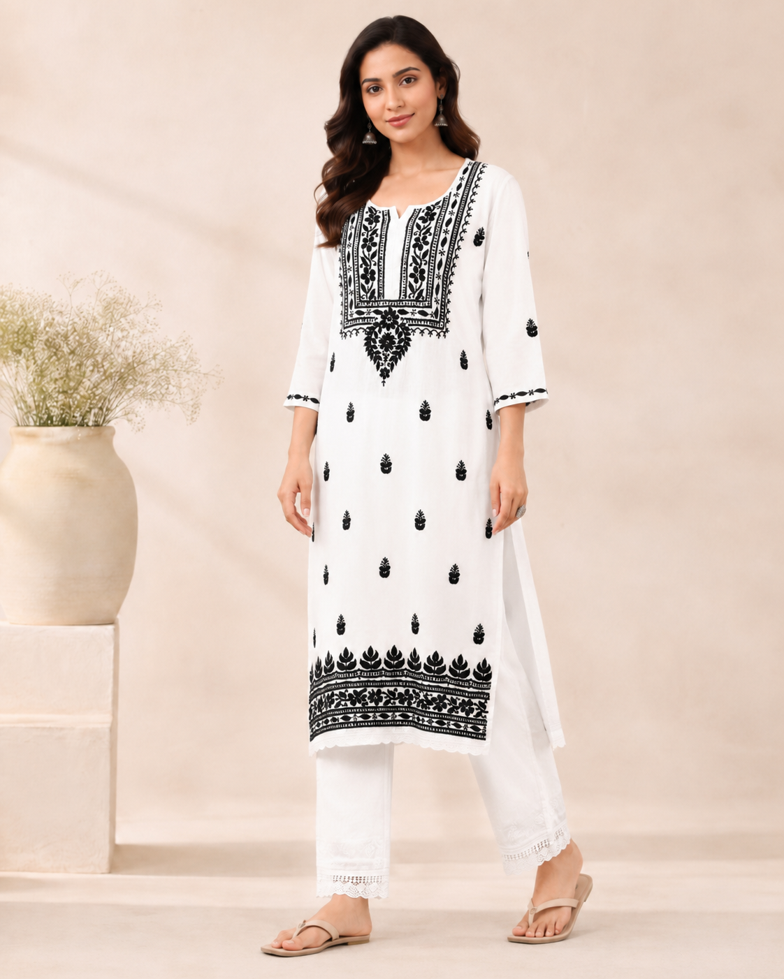 White Rayon Lucknowi Chikankari Kurti with Black Embroidery for Women