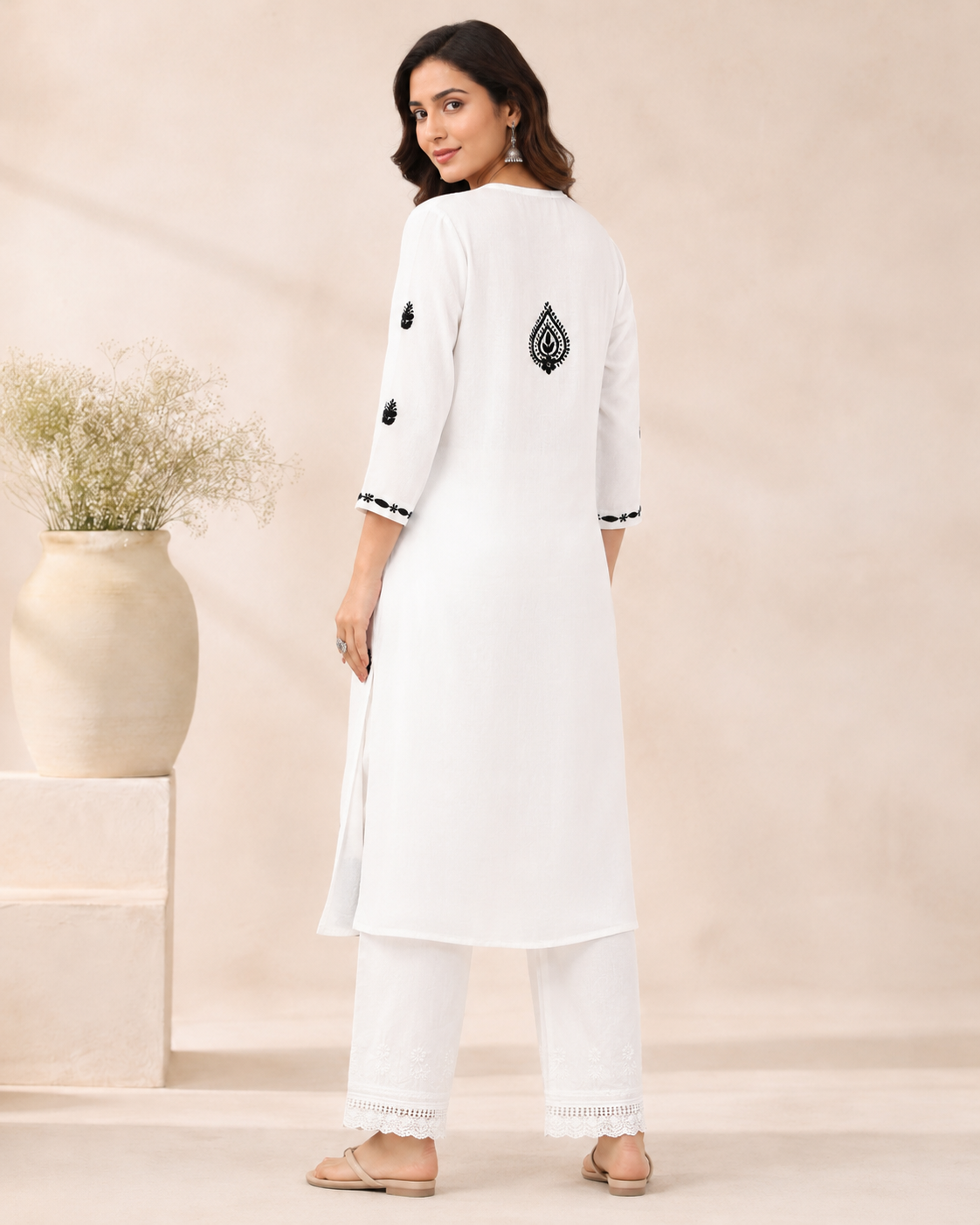 White Rayon Lucknowi Chikankari Kurti with Black Embroidery for Women