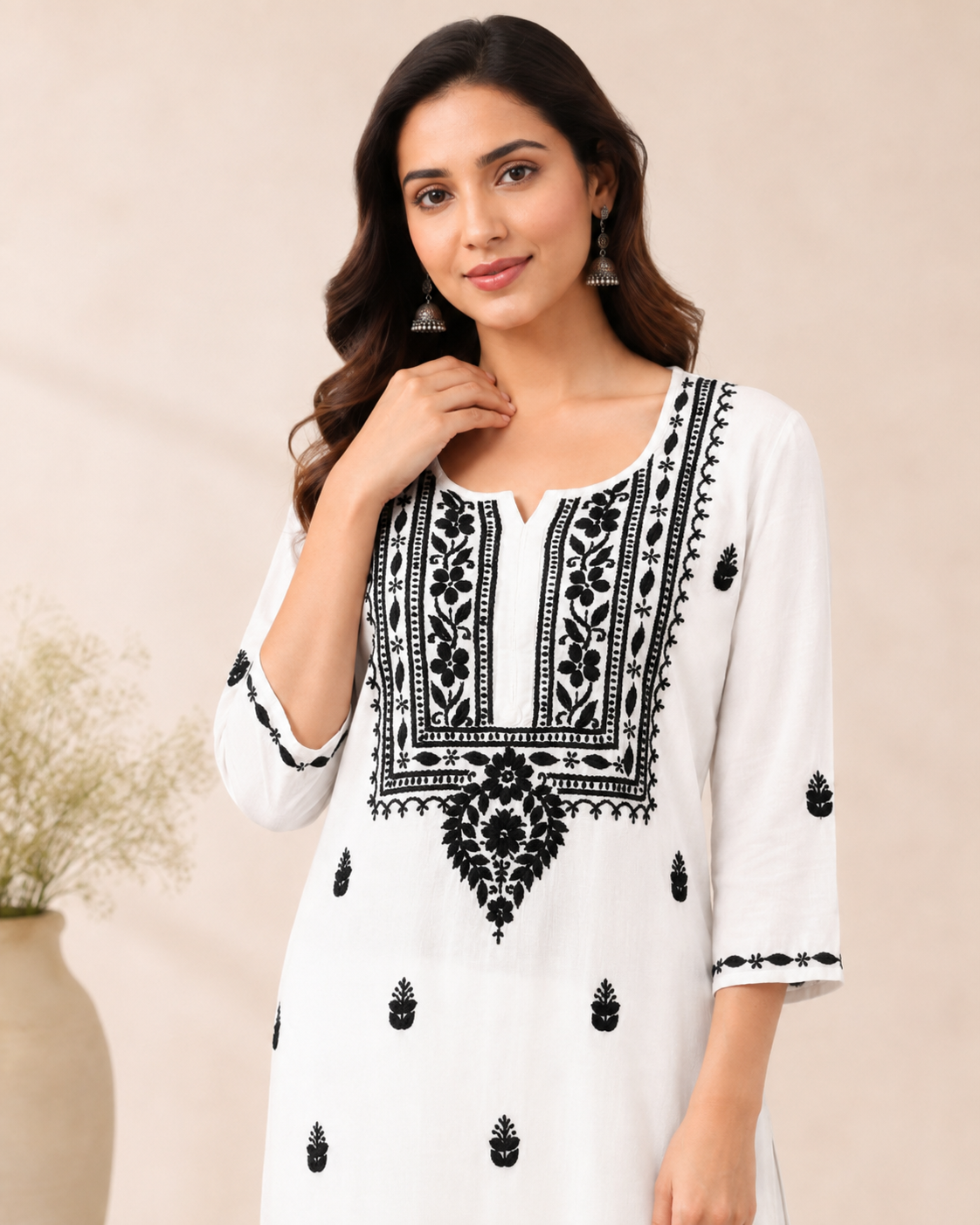 White Rayon Lucknowi Chikankari Kurti with Black Embroidery for Women