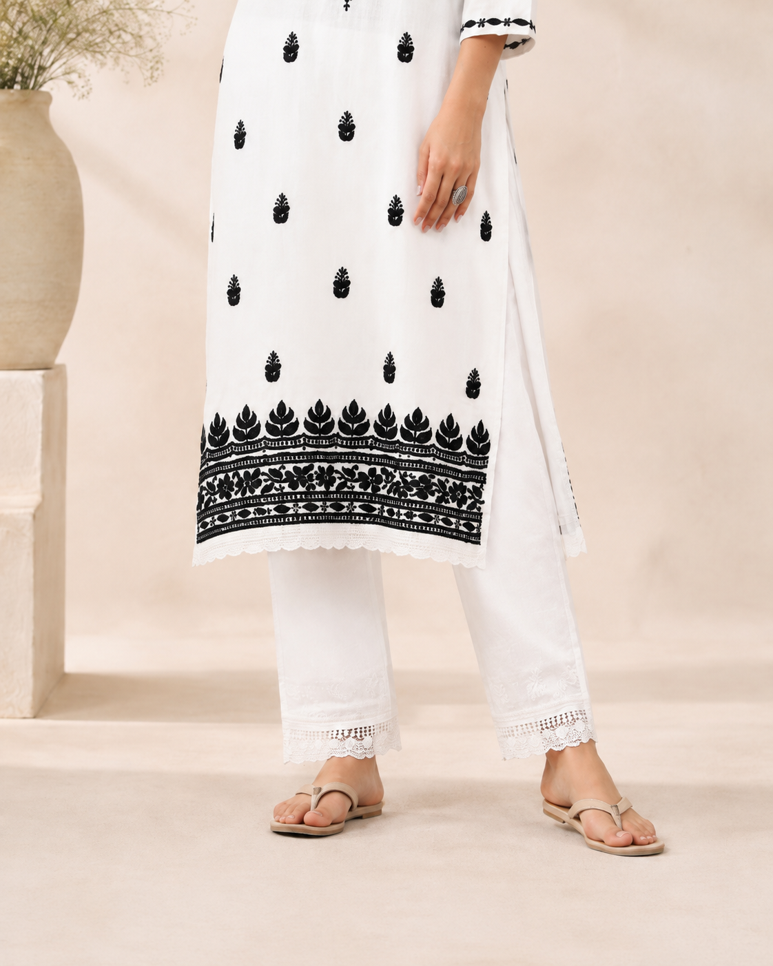 White Rayon Lucknowi Chikankari Kurti with Black Embroidery for Women