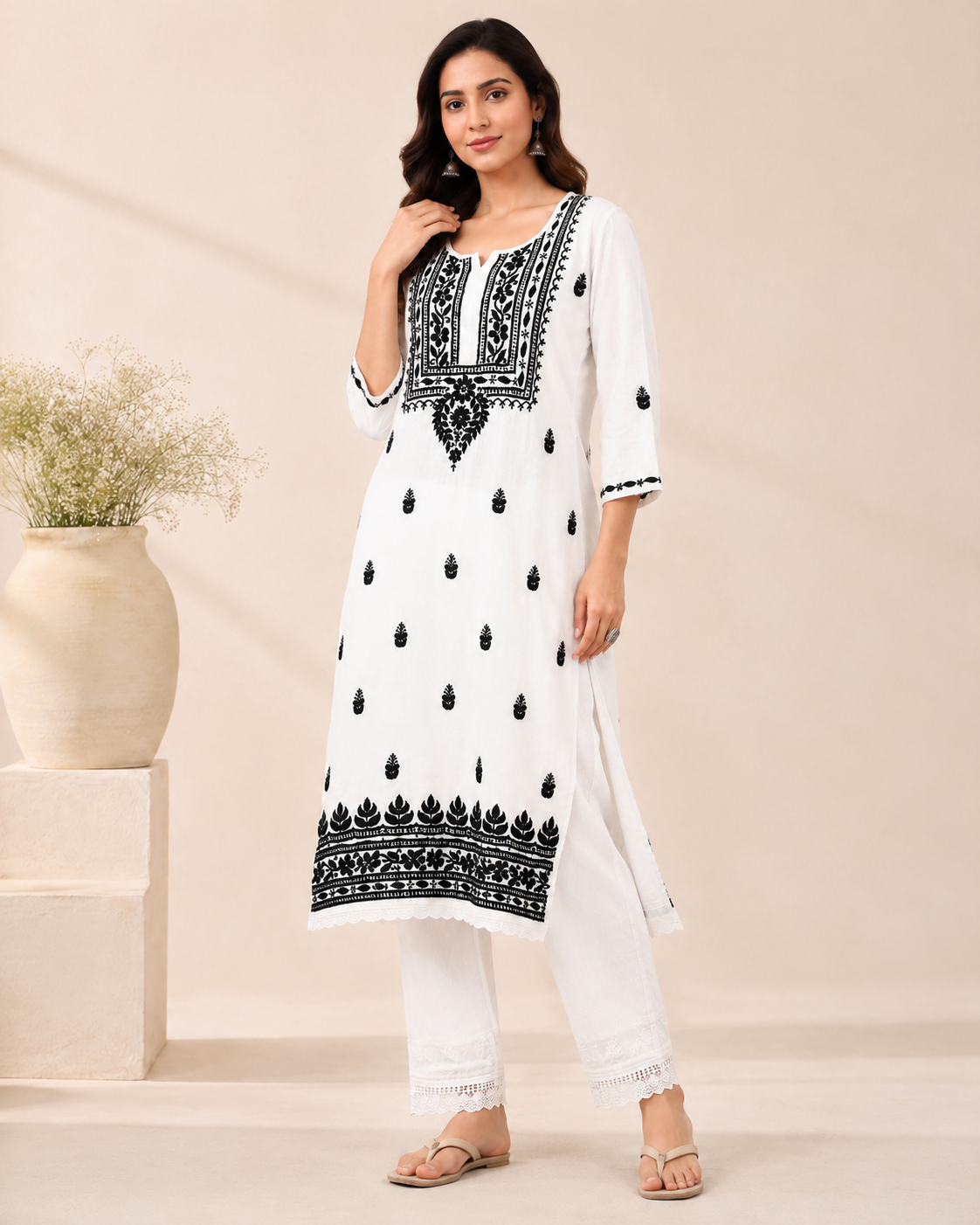 White Rayon Lucknowi Chikankari Kurti with Black Embroidery for Women