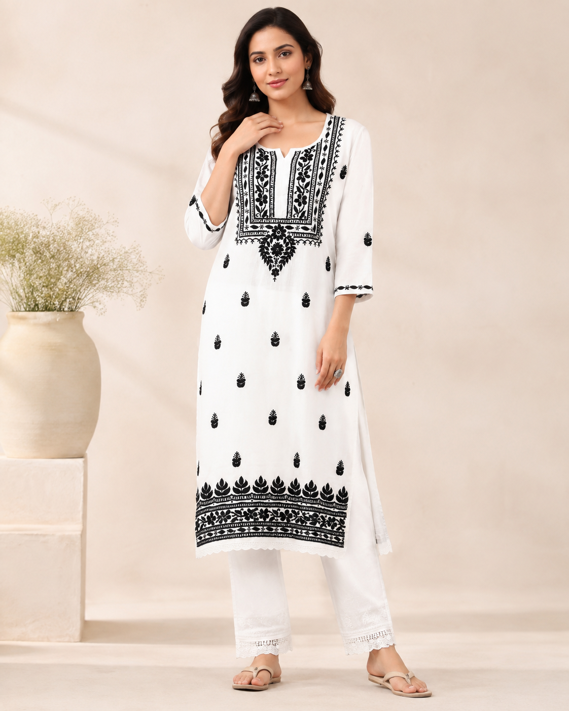 White Rayon Lucknowi Chikankari Kurti with Black Embroidery for Women