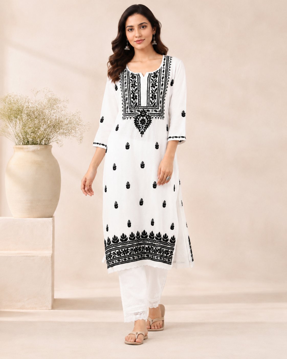 White Rayon Lucknowi Chikankari Kurti with Black Embroidery for Women