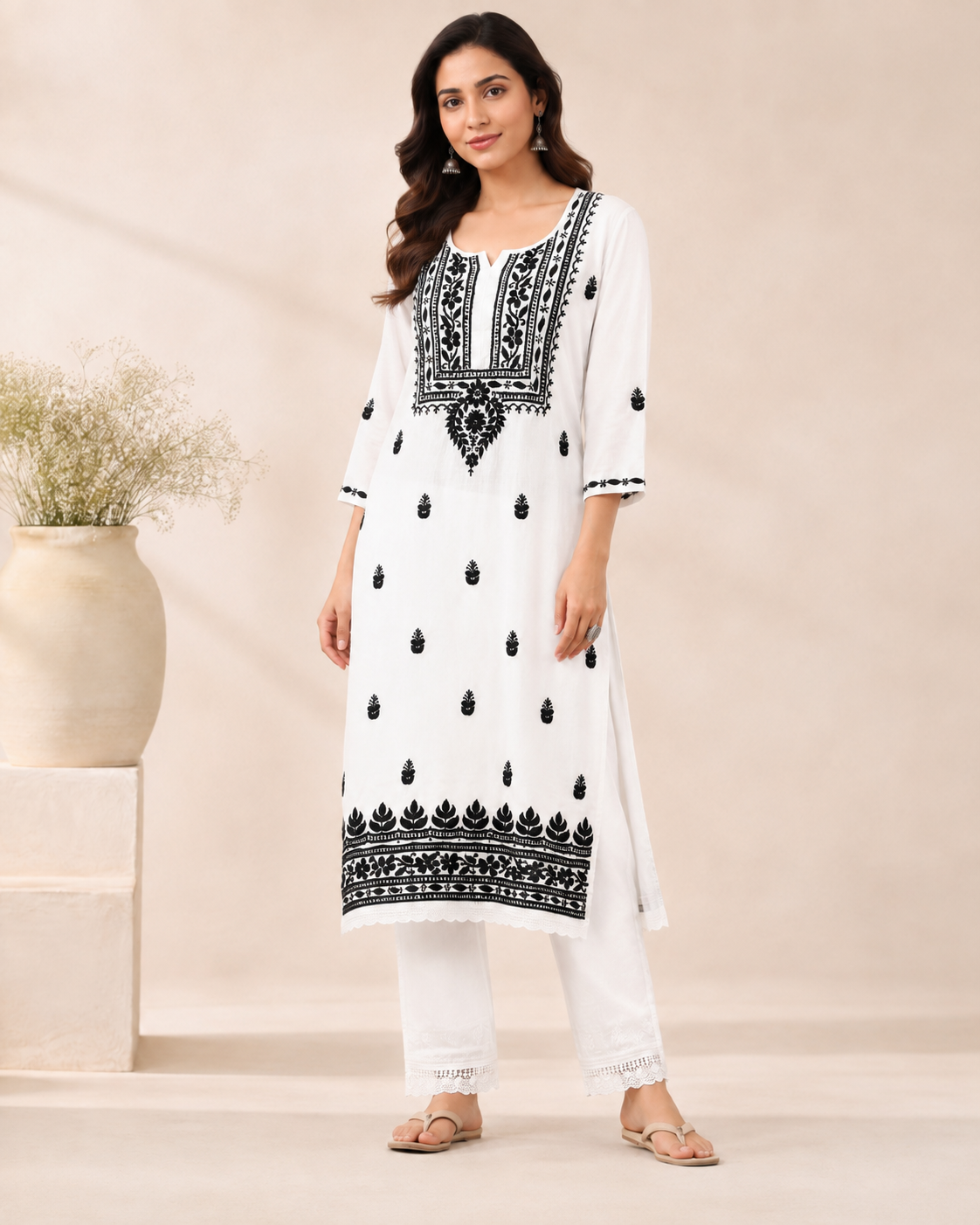 White Rayon Lucknowi Chikankari Kurti with Black Embroidery for Women