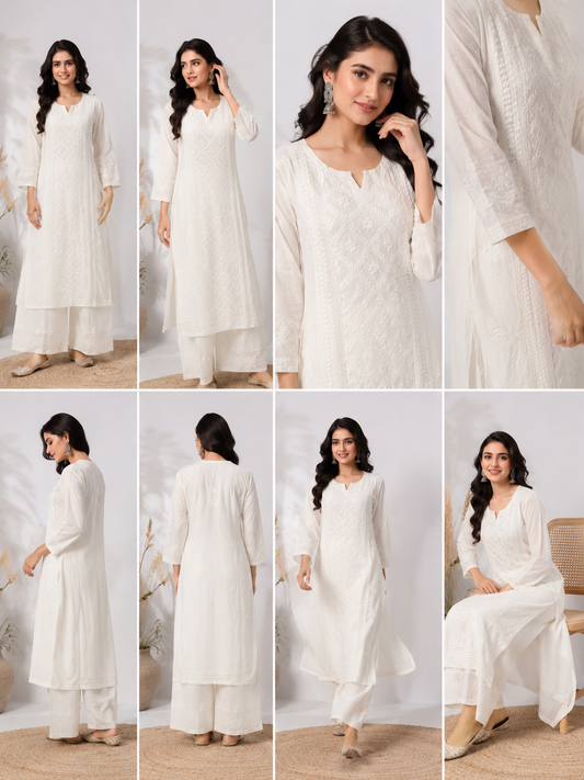Noor-e-Lucknow white Chikankari co-ord set embroidery close up