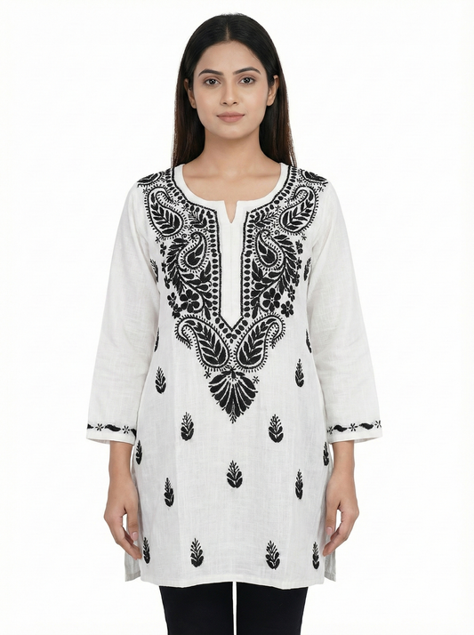 White Short Cotton Chikankari Kurti for Women | Handcrafted Lucknowi Chikankari – Lucknow Best Chikankari