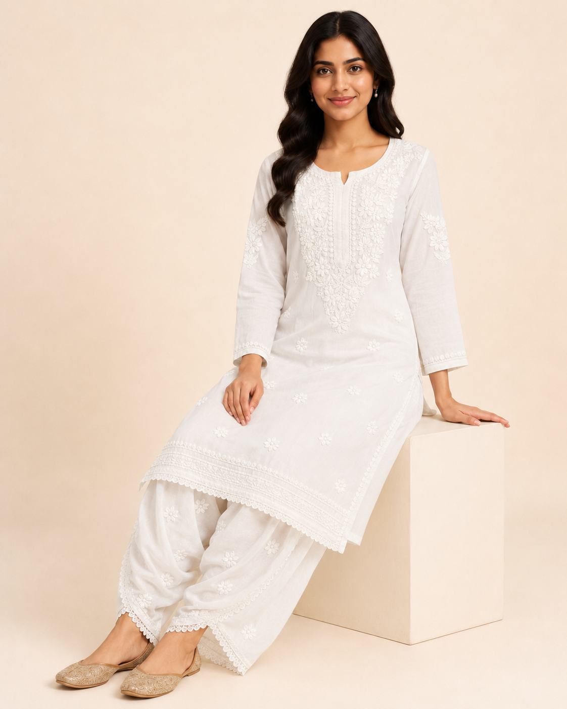 Ivory White Chikankari Kurta with Patiala Pant Set