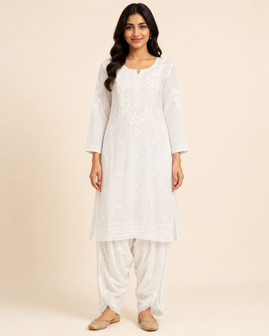 Ivory White Chikankari Kurta with Patiala Pant Set