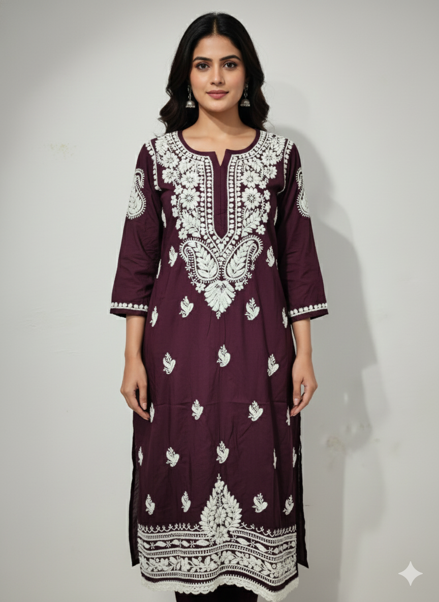 Wine Color Modal Chikankari Kurti for Women | Heavy Hand Embroidery Lucknowi Kurti – Lucknow Best Chikankari