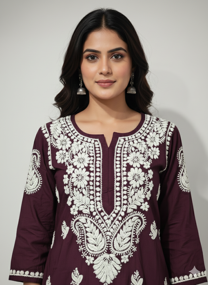 Wine Color Modal Chikankari Kurti for Women | Heavy Hand Embroidery Lucknowi Kurti – Lucknow Best Chikankari