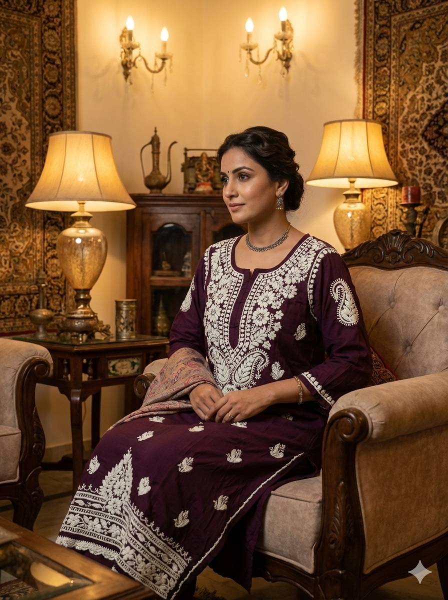 Wine Color Modal Chikankari Kurti for Women | Heavy Hand Embroidery Lucknowi Kurti – Lucknow Best Chikankari