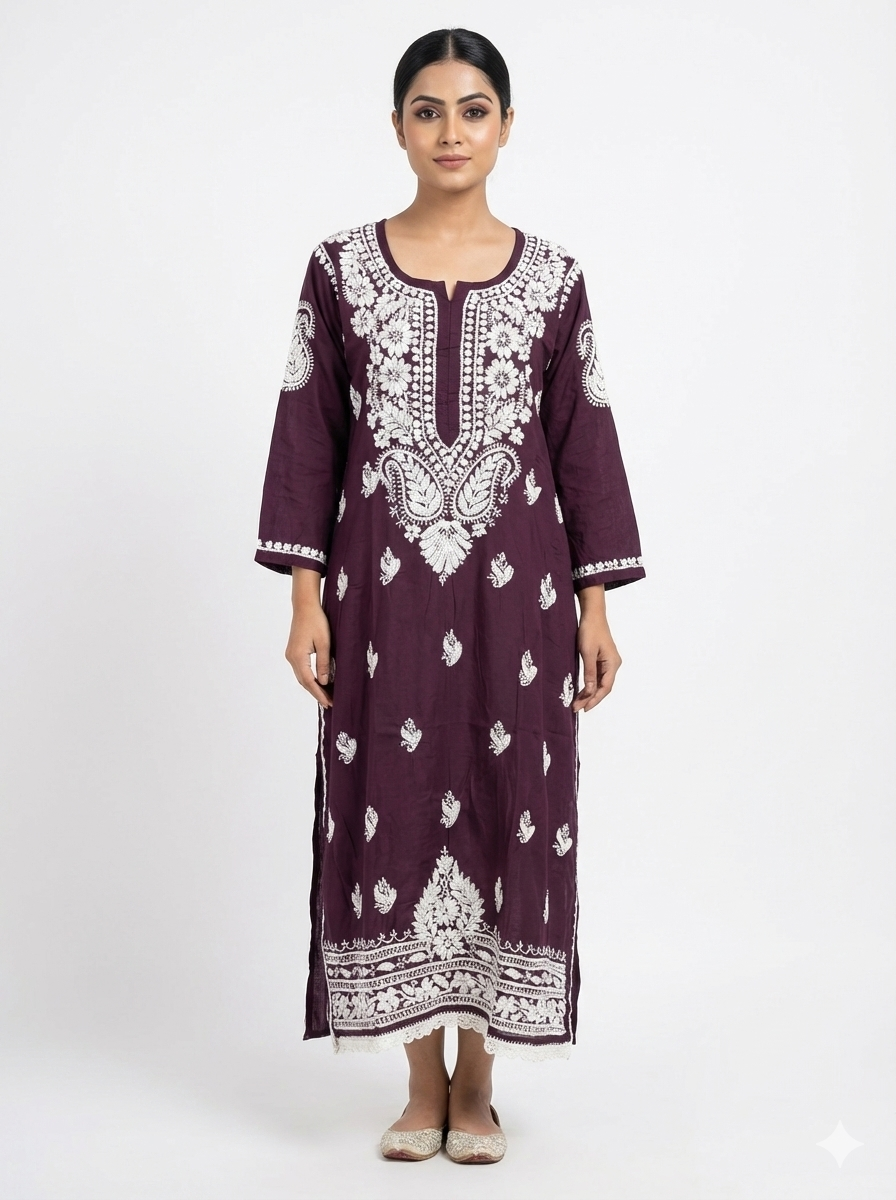 Wine Color Modal Chikankari Kurti for Women | Heavy Hand Embroidery Lucknowi Kurti – Lucknow Best Chikankari