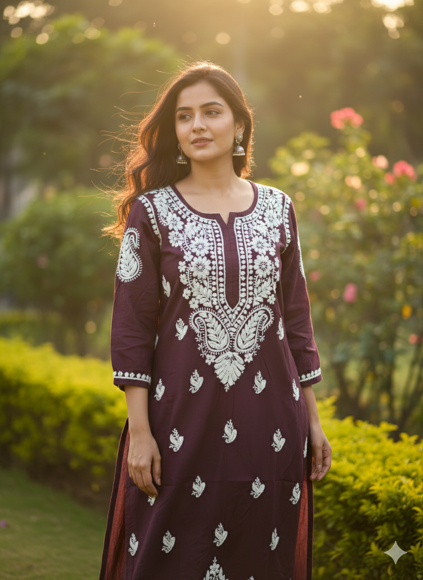 Wine Color Modal Chikankari Kurti for Women | Heavy Hand Embroidery Lucknowi Kurti – Lucknow Best Chikankari