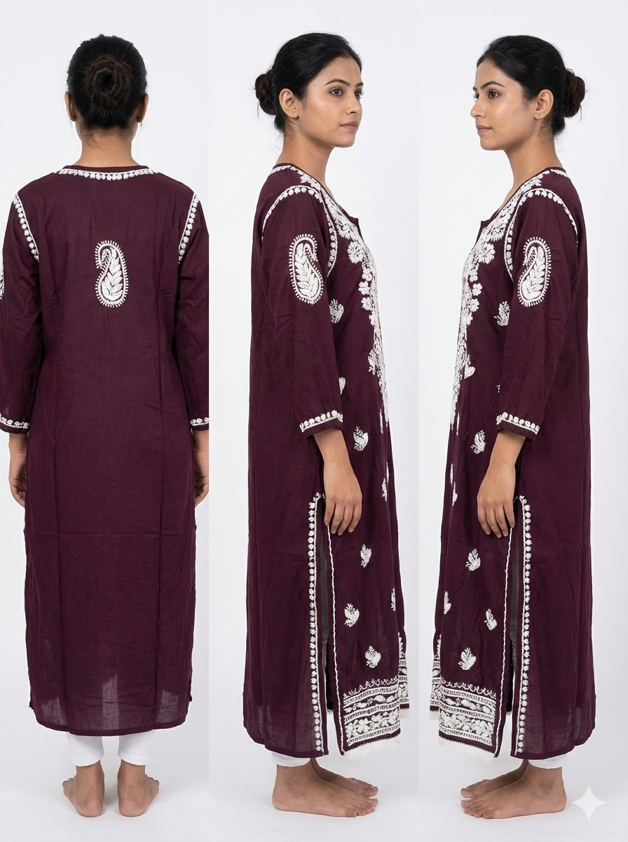 Wine Color Modal Chikankari Kurti for Women | Heavy Hand Embroidery Lucknowi Kurti – Lucknow Best Chikankari