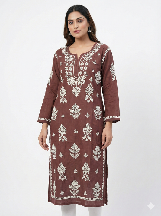 Wine Color Rayon Chikankari Kurti for Women | Handcrafted Lucknowi Embroidery – Lucknow Best Chikankari