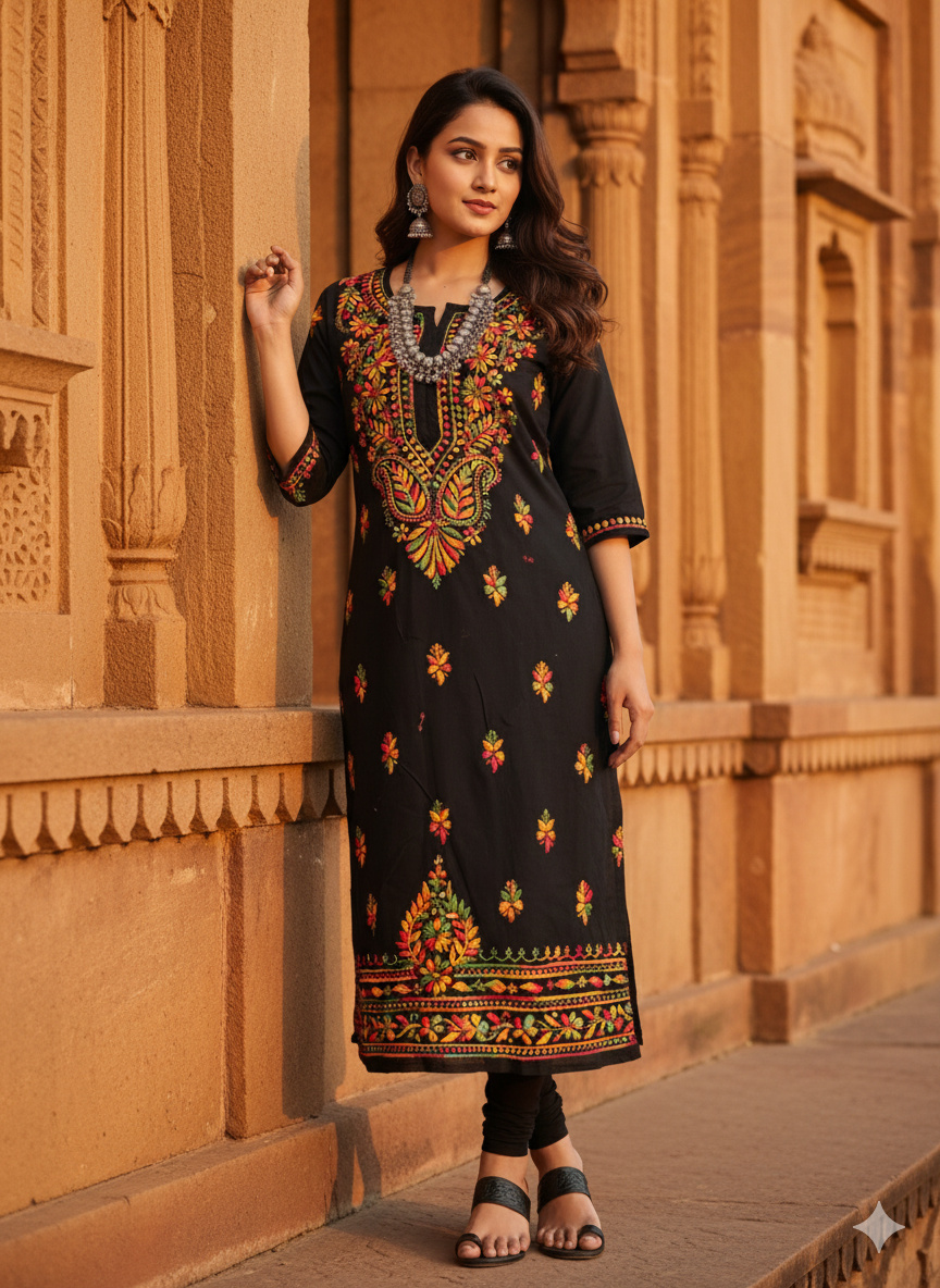 "Black Cotton Embroidered Kurti with Multicolor Floral Work | Festive & Party Wear Ethnic Kurta for Women"