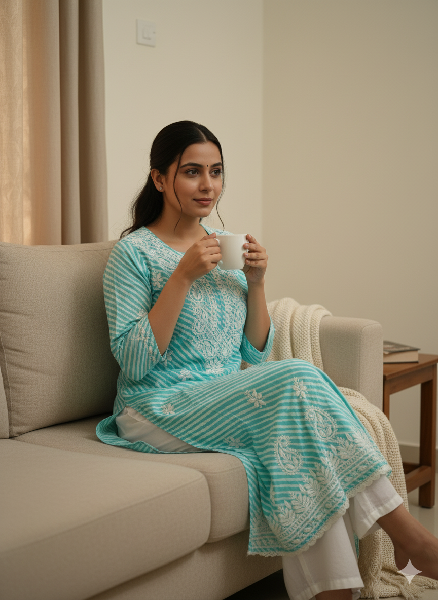 Women’s Handcrafted Lucknowi Chikankari Cotton Kurti – Turquoise Blue Striped Ethnic Top with White Embroidery, Casual & Festive Wear