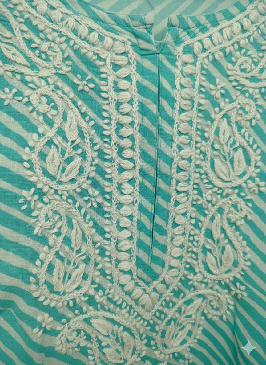 Women’s Handcrafted Lucknowi Chikankari Cotton Kurti – Turquoise Blue Striped Ethnic Top with White Embroidery, Casual & Festive Wear