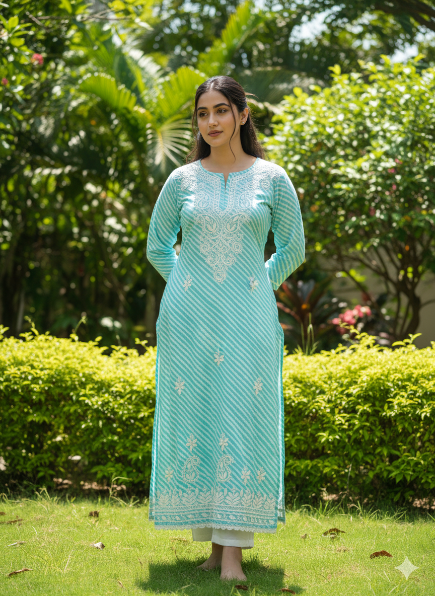 Women’s Handcrafted Lucknowi Chikankari Cotton Kurti – Turquoise Blue Striped Ethnic Top with White Embroidery, Casual & Festive Wear
