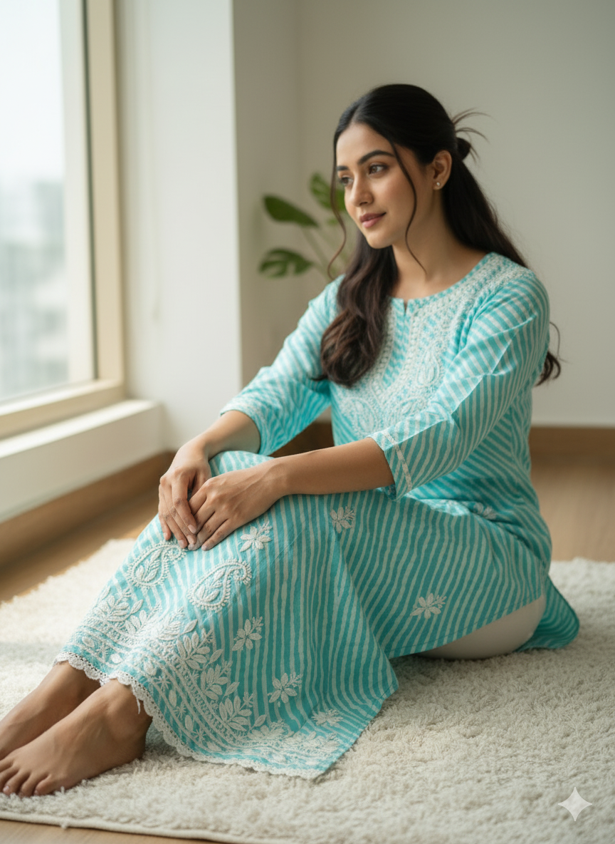 Women’s Handcrafted Lucknowi Chikankari Cotton Kurti – Turquoise Blue Striped Ethnic Top with White Embroidery, Casual & Festive Wear