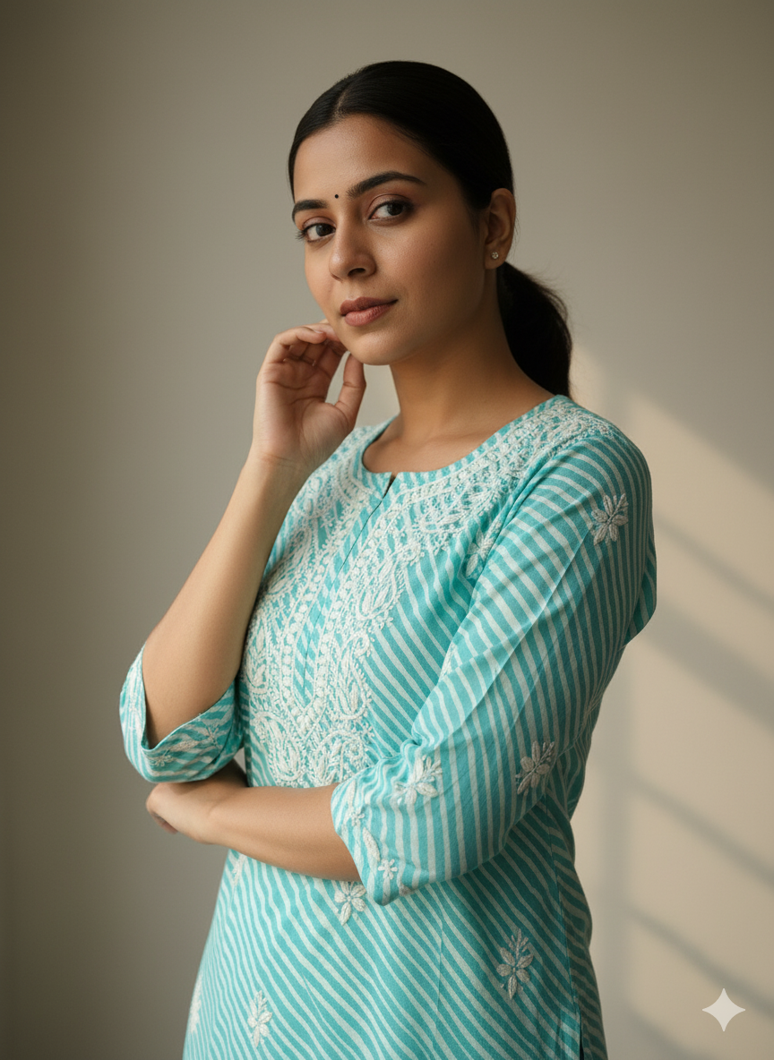 Women’s Handcrafted Lucknowi Chikankari Cotton Kurti – Turquoise Blue Striped Ethnic Top with White Embroidery, Casual & Festive Wear