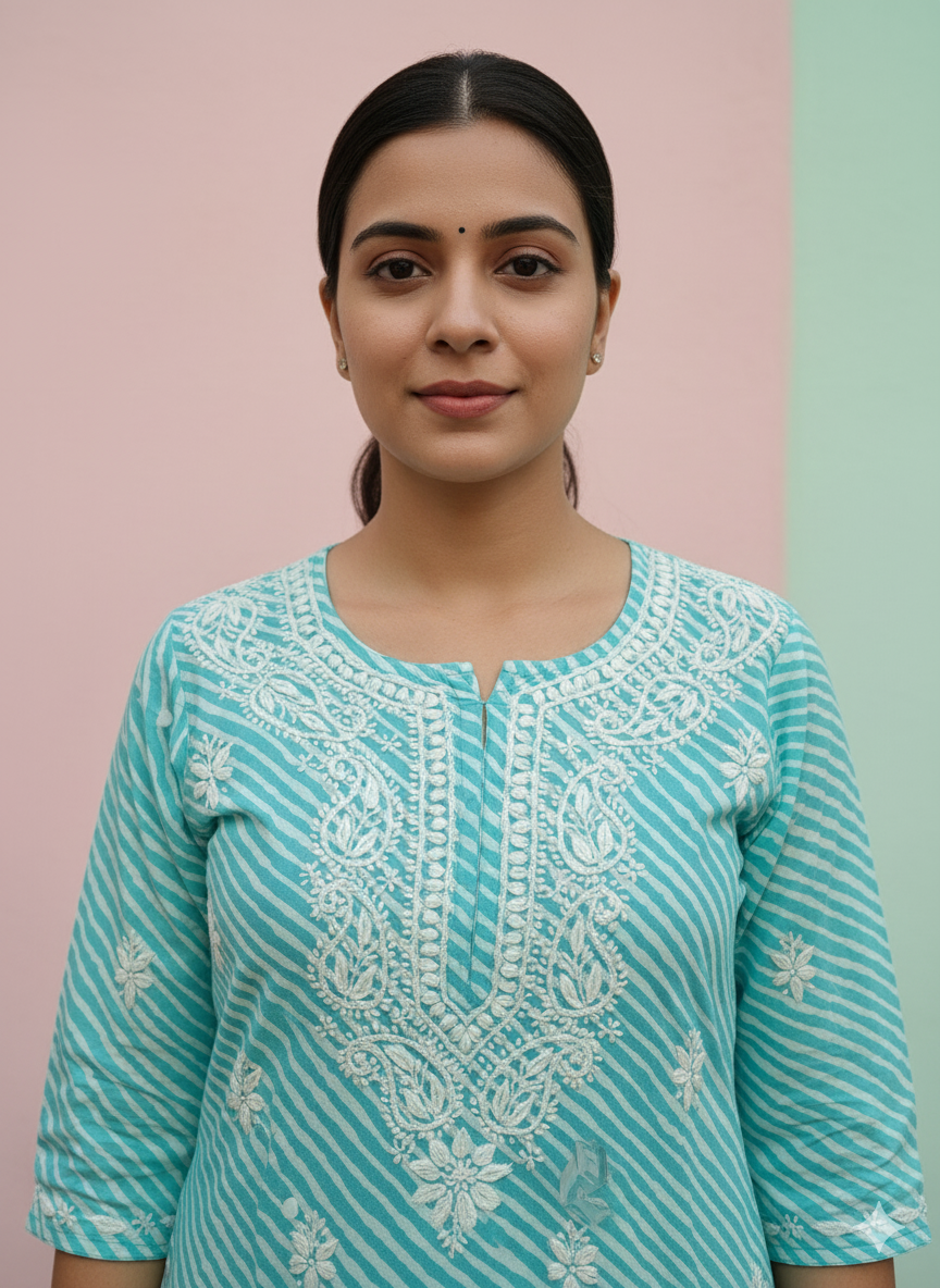 Women’s Handcrafted Lucknowi Chikankari Cotton Kurti – Turquoise Blue Striped Ethnic Top with White Embroidery, Casual & Festive Wear